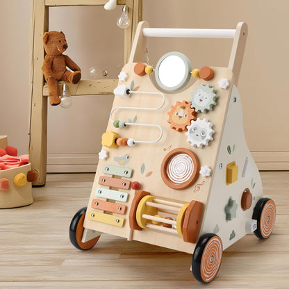 Wooden Baby Walker, Baby Push Walker with Activity Center for Girls Boys, Push Walker Toys for Babies Learning to Walk, Sit-to-Stand