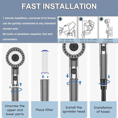 Shower Head with Hose 1.5M, Ion Drops Shower Head with Handheld for Hard Water, 4 Modes Iondrops Filtered Showerhead, High Pressure Shower Heads with ON/Off Switch Grey