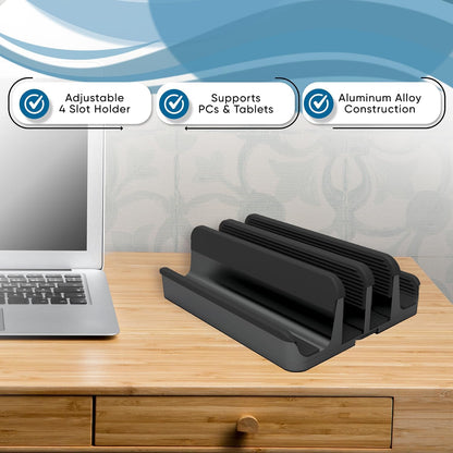 Adjustable Vertical Laptop Stand for Multiple Devices, 4-Slot Aluminum Desktop Dock Holder for Laptops, Tablets, and Phones up to 17.3 Inch (Black) - PuriLite