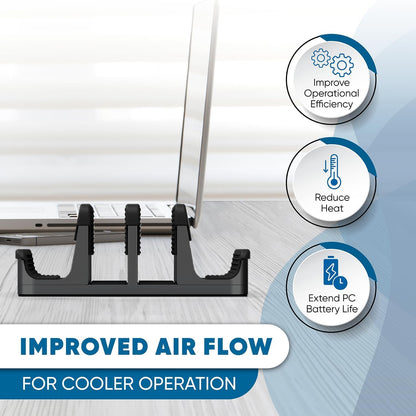 Adjustable Vertical Laptop Stand for Multiple Devices, 4-Slot Aluminum Desktop Dock Holder for Laptops, Tablets, and Phones up to 17.3 Inch (Black) - PuriLite