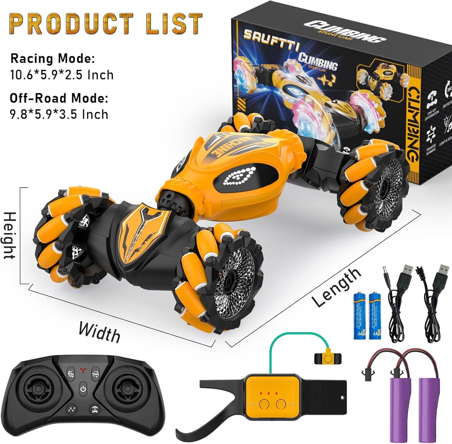 SAUFTTI Remote Control Car, Gesture Sensor RC Stunt Cars Toys for Boys Age 6 7 8 9 10 11 12+ Years Old, 2.4GHz 4WD RC 360° Flips Off Road Vehicle Toy with Lights/Music, Gifts for Kids Girls