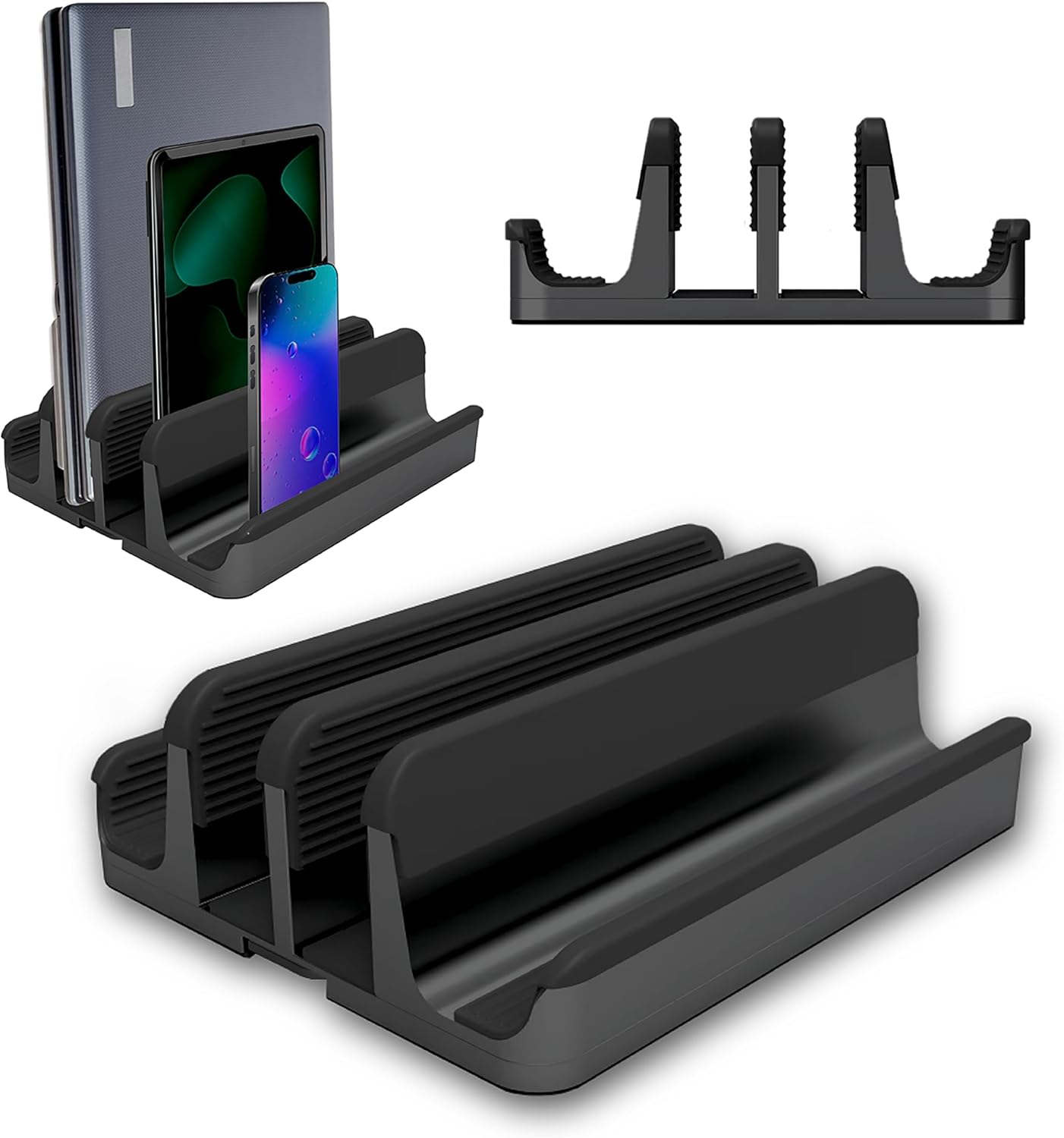 Adjustable Vertical Laptop Stand for Multiple Devices, 4-Slot Aluminum Desktop Dock Holder for Laptops, Tablets, and Phones up to 17.3 Inch (Black) - PuriLite