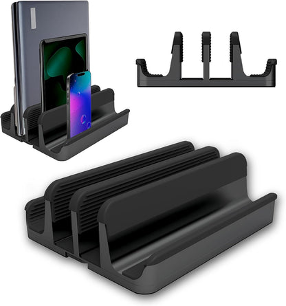 Adjustable Vertical Laptop Stand for Multiple Devices, 4-Slot Aluminum Desktop Dock Holder for Laptops, Tablets, and Phones up to 17.3 Inch (Black) - PuriLite