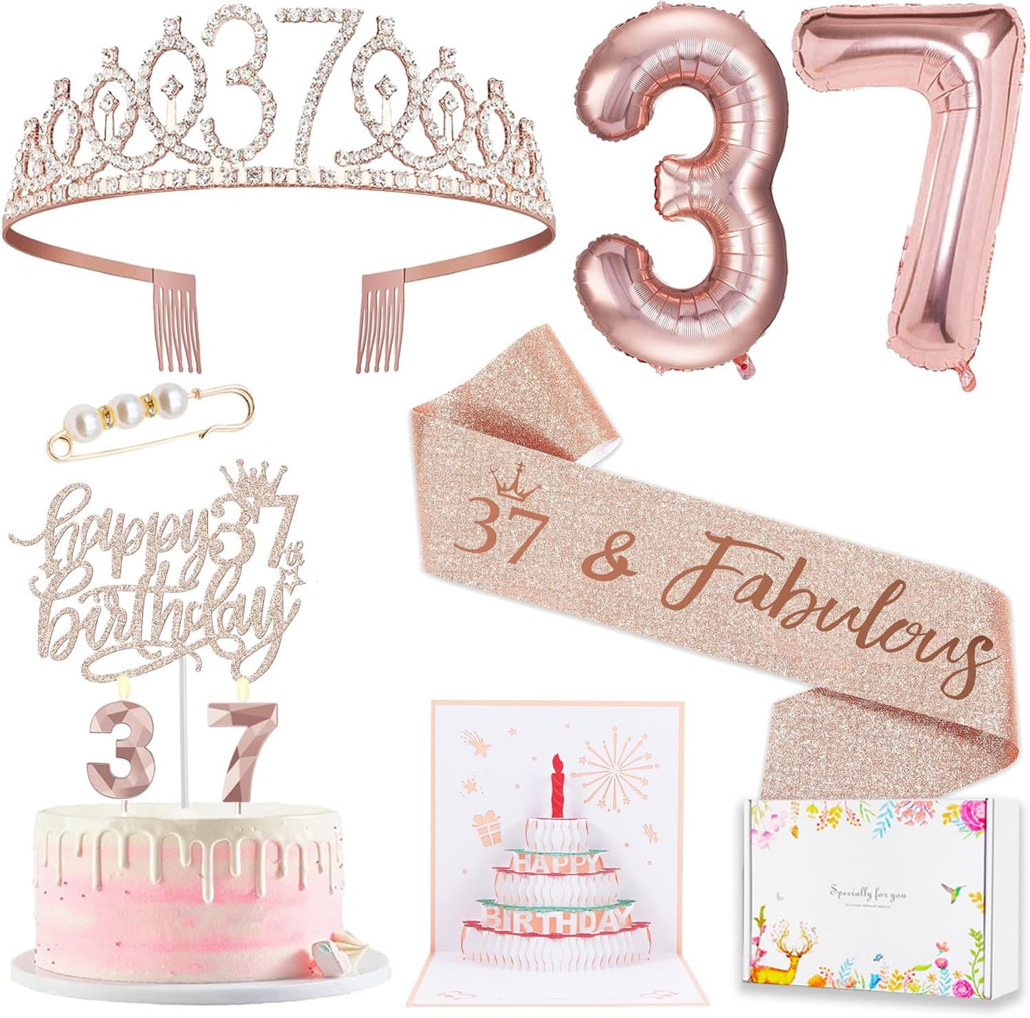 8pcs 40th Birthday Decorations gifts for Women, Including 40th Happy Birthday Cake Topper, Queen Sash with Pearl Pin, Sweet Rhinestone Tiara Crown for Women, Number Candles and Balloons (Rose Gold)