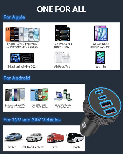 [4 in 1] USB C Car Charger, 4-Port 90W Super Fast Charging Cigarette Lighter Adapter, Dual 45W USBC & USB-A Multiport Car Phone Charger Accessories for iPhone 17 16 15 14 13 12, iPad, Galaxy, Tablet
