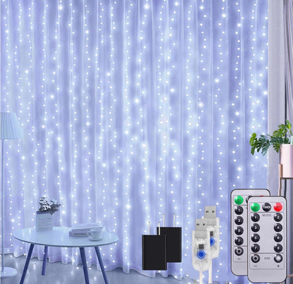 2 Pack Fairy Curtain Lights, Total 600 LED USB Plug in 8 Modes 9.8x9.8Ft Christmas String Hanging Lights with Remote for Bedroom, Indoor, Outdoor, Weddings, Party, Wall, Decorations, Warm White