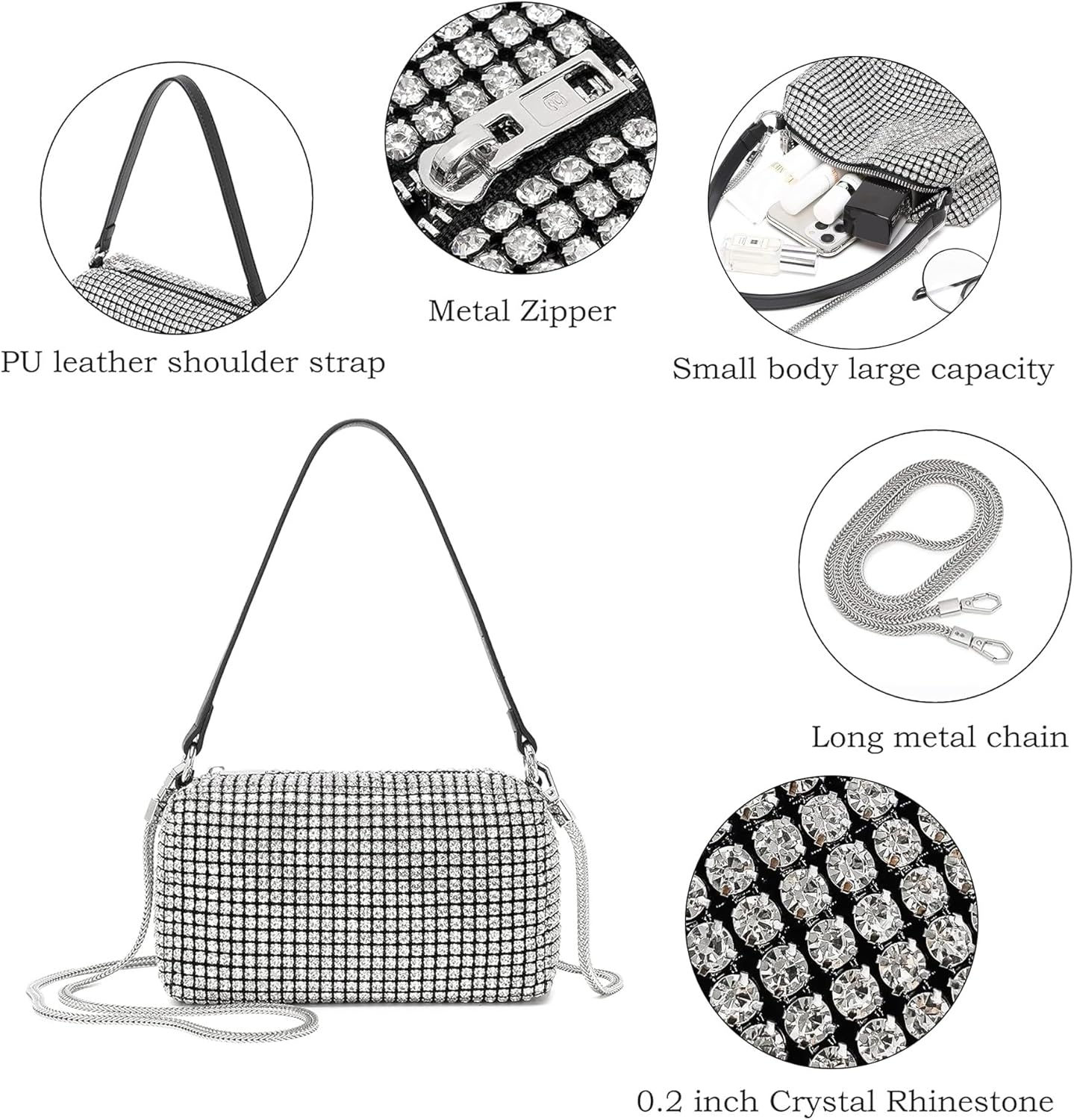 Rhinestone Purse for Women Sparkly Rhinestone Bag Evening Bag Silver Clutch Purses Bling Crossbody Bags for Women