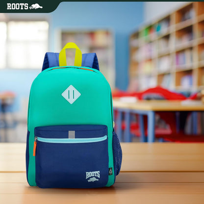 Roots Kids Lightweight Backpack — Made from 100% Recycled Fabrics with Rain Flap, Bottle Pocket, Reflective Accent, and Back Padding — 22.5 litres, Pink & Purple