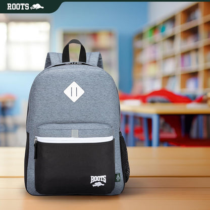 Roots Kids Lightweight Backpack — Made from 100% Recycled Fabrics with Rain Flap, Bottle Pocket, Reflective Accent, and Back Padding — 22.5 litres, Pink & Purple