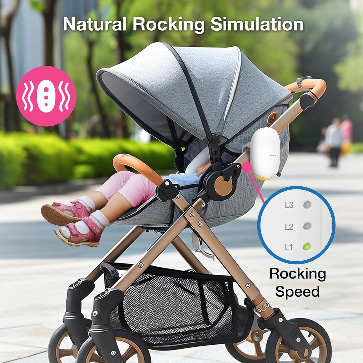 VTech Sound and Motion Stroller, 3-Level Rocking Motion, Stroller and Crib Mount, IPX2 Waterproof and Drip Resistant, Rechargeable Battery, Auto-Off Timer, Amber Night Light: V-Hush Rocker VR1