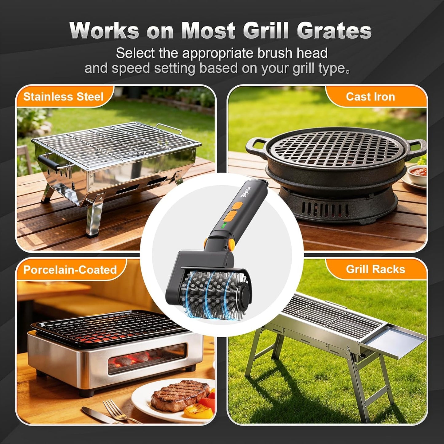 Upgraded Electric Grill Brush - Extreme 50kg Torque Power Grill Brush | Safe for All Grills, 7.4V Motor, SUS304 Anti-Shedding Bristle, with Heat Resistant Mat & Polishing Pad