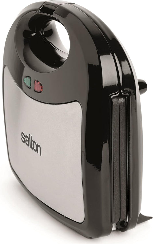 Salton 3-In-1 Pocket Sandwich Maker, Belgian Waffle Maker, and Electric Grill with Non-Stick Removable Dishwasher-Safe Plates, Indicator Lights, Cord Wrap and Upright Storage (SM1543), Small