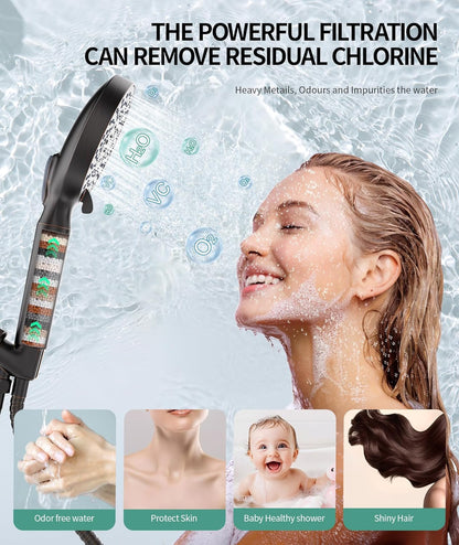 Filtered Shower Head with Handheld, High Pressure 9 Spray Mode Chrome Showerhead with Filters,Detachable Shower Head,Water Softener Filters Beads for Hard Water -Remove Chlorine
