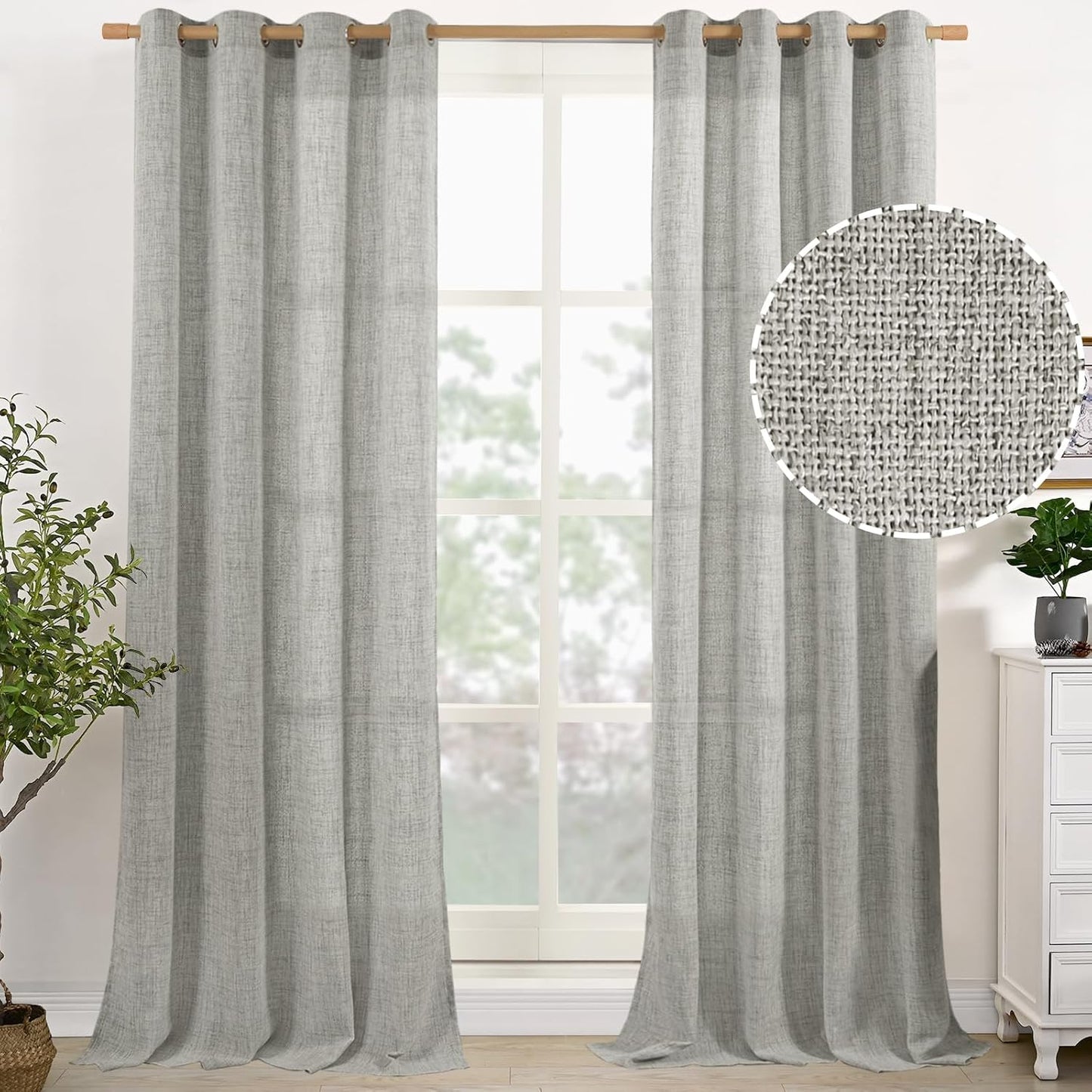 YoungsTex Natural Linen Curtains 84 Inch Long for Living Room Bedroom Grommet Top Light Filtering Privacy Linen Textured Window Semi Sheer Drapes, 2 Panels, 52x84 Inch, Natural