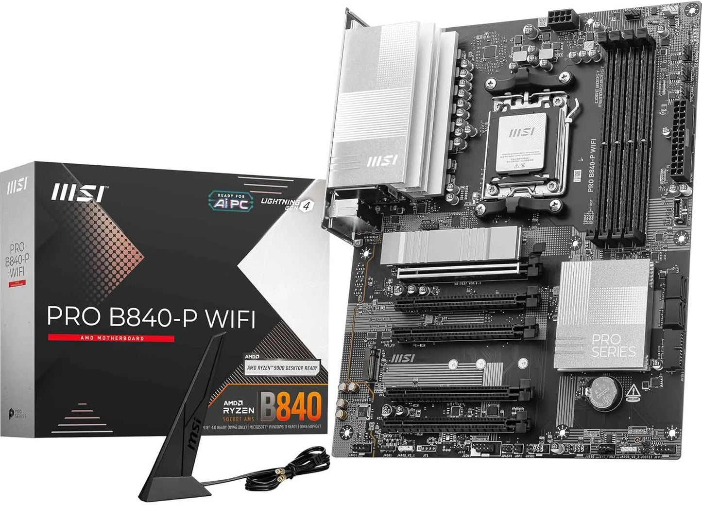 MSI PRO B840-P WiFi ProSeries Motherboard (AMD Ryzen 9000/8000/7000 Series Processors, AM5, DDR5, PCIe 4.0, M.2, SATA 6Gb/s, USB 3.2 Gen 2, HDMI/DP, Wi-Fi 6E, Bluetooth 5.3, 2.5Gbps LAN, ATX)