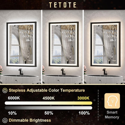 TETOTE 28x36 LED Mirror for Bathroom Black Metal Frame Frontlit & Backlit Lighted Vanity Mirror Baroque Gothic Anti Fog Stepless Dimmable White/Warm/Natural,Wall Mounted(Horizontal/Vertical)