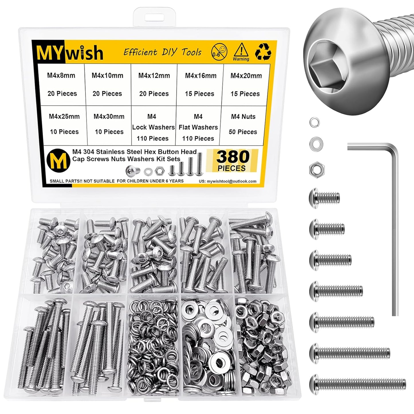 Mywish 900Pcs Metric Screw Assortment, M3 M4 M5 M6 Screw Assortment Kit 304 Stainless Steel Hex Socket Button Head Socket Cap Metric Screws Bolts & Flat Washers/Nuts/Hex Wrenches 16 Sizes 8MM to 20MM