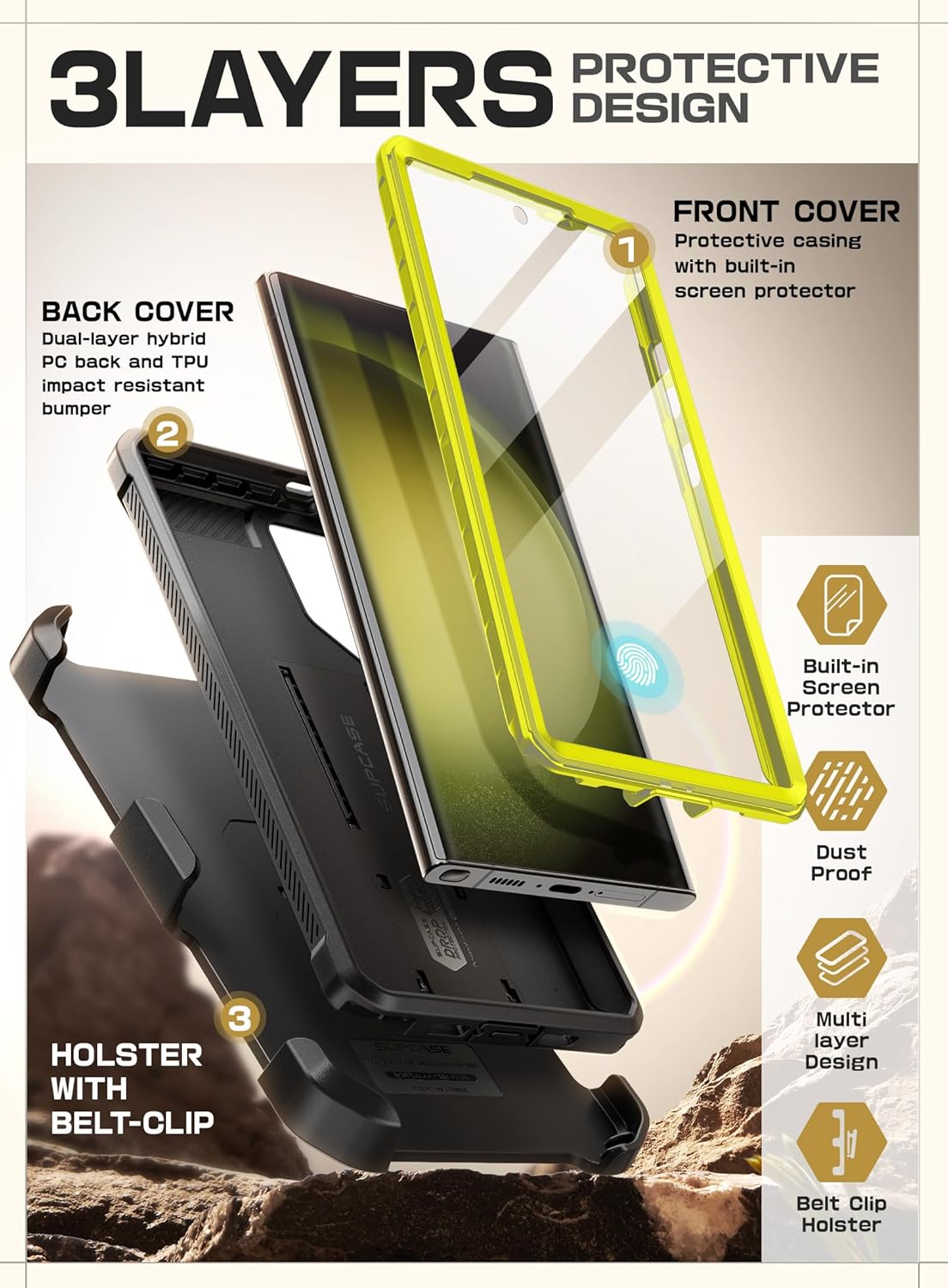 SUPCASE Unicorn Beetle Pro Case for Samsung Galaxy S23 Ultra 5G (2023), [Extra Front Frame] Full-Body Dual Layer Rugged Belt-Clip & Kickstand Case with Built-in Screen Protector (Black)