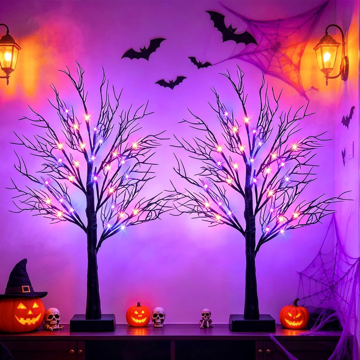 Halloween Decorations Indoor, 2 Pack 26 Inch Black Halloween Tree Set, 56 Orange & Purple LED Lights, USB & Battery Powered Tabletop Spooky Twig Trees with Timer, Creepy Halloween Decor for Mantels