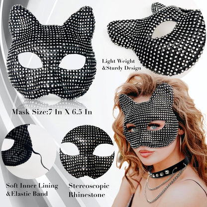 SlendyPop Cat Costume for Woman Cat Collar Choker Gloves Rhinestone Cat Mask Tail Cat Woman Outfit Accessories Cat Costume