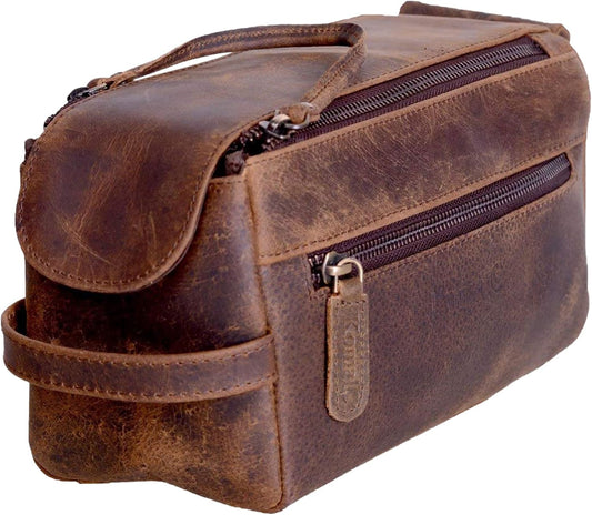 Premium Buffalo Leather Unisex Toiletry Bag Travel Dopp Kit Shaving kit (Distressed Tan) - PuriLite