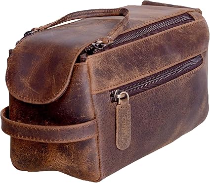 Premium Buffalo Leather Unisex Toiletry Bag Travel Dopp Kit Shaving kit (Distressed Tan)