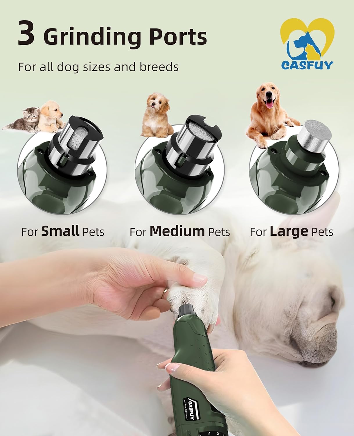 Casfuy Dog Nail Grinder Quiet - (45db)6-Speed Pet Nail Grinder with 2 LED Lights for Large Medium Small Puppy Dogs/Cats, Professional 3 Ports Rechargeable Electric Dog Nail Trimmer with Dust Cap(Blue)