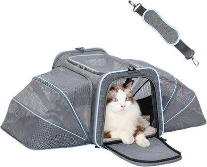 Petsfit Expandable Cat Dog Carrier Airline Approved, 17" L x 11" W x 11" H Soft-Sided Portable Pet Travel Carrier for Kitten, Puppy, Removable Soft Plush Mat and Pockets, Auto-Locking Zippers
