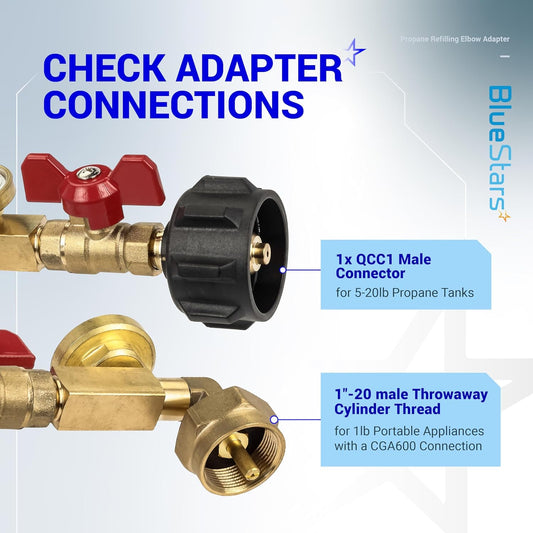 2025 Updated BlueStars Propane Refill Adapter for 1 LB. Tanks, Propane Adapter 20lb to 1lb Converter with Valve & Gauge – QCC1 Propane Refilling 90-Degree Elbow Adapter from 5-20 LB Propane Tank