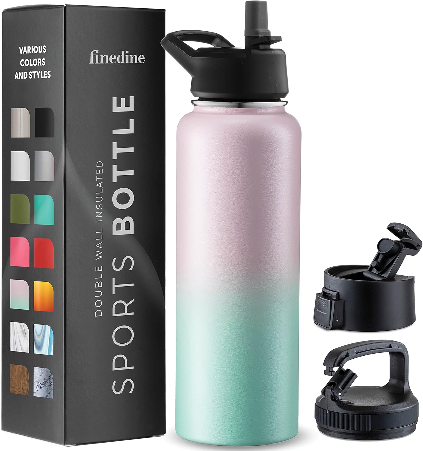 FineDine Water Bottle - Stainless Steel Insulated Water Bottle with Straw Lid, Flip Lid & Wide-Mouth Cap - Keeps Hot and Cold - 25 Oz / 739ml - Pure Pearly White
