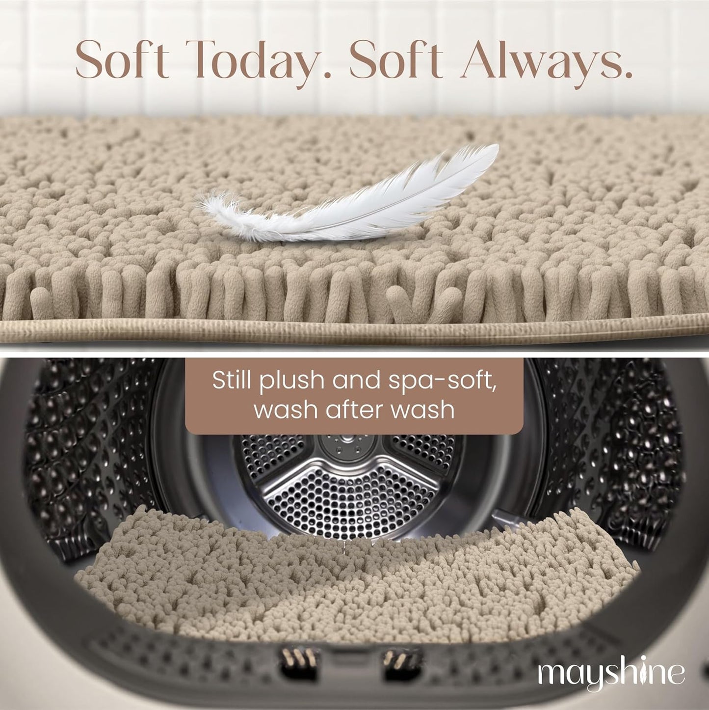 Soft Plush Chenille Bathroom Rug, Absorbent Microfiber Bath Mat, Machine Washable, Non-Slip Grip, Quick-Dry, Thick Shag Carpet Great for Bath, Shower Floor, Bedroom, or Door Mat (Beige, 17x24)