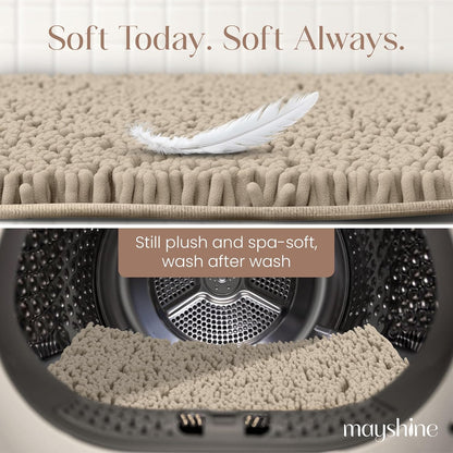 Soft Plush Chenille Bathroom Rug, Absorbent Microfiber Bath Mat, Machine Washable, Non-Slip Grip, Quick-Dry, Thick Shag Carpet Great for Bath, Shower Floor, Bedroom, or Door Mat (Beige, 17x24)