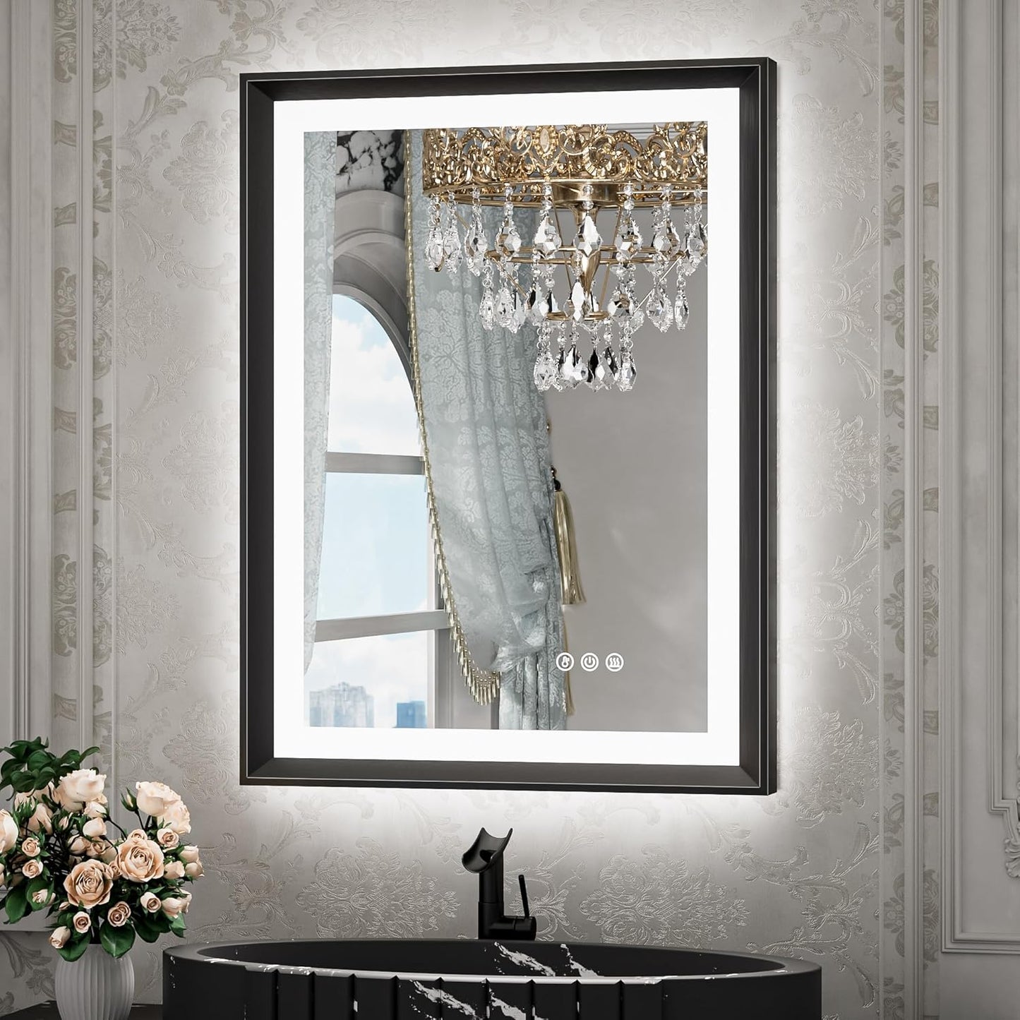 TETOTE 28x36 LED Mirror for Bathroom Black Metal Frame Frontlit & Backlit Lighted Vanity Mirror Baroque Gothic Anti Fog Stepless Dimmable White/Warm/Natural,Wall Mounted(Horizontal/Vertical)