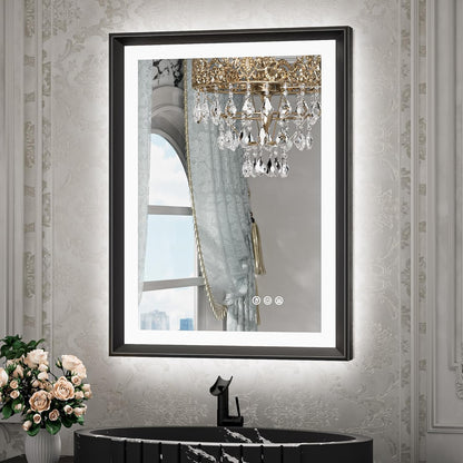 TETOTE 28x36 LED Mirror for Bathroom Black Metal Frame Frontlit & Backlit Lighted Vanity Mirror Baroque Gothic Anti Fog Stepless Dimmable White/Warm/Natural,Wall Mounted(Horizontal/Vertical)
