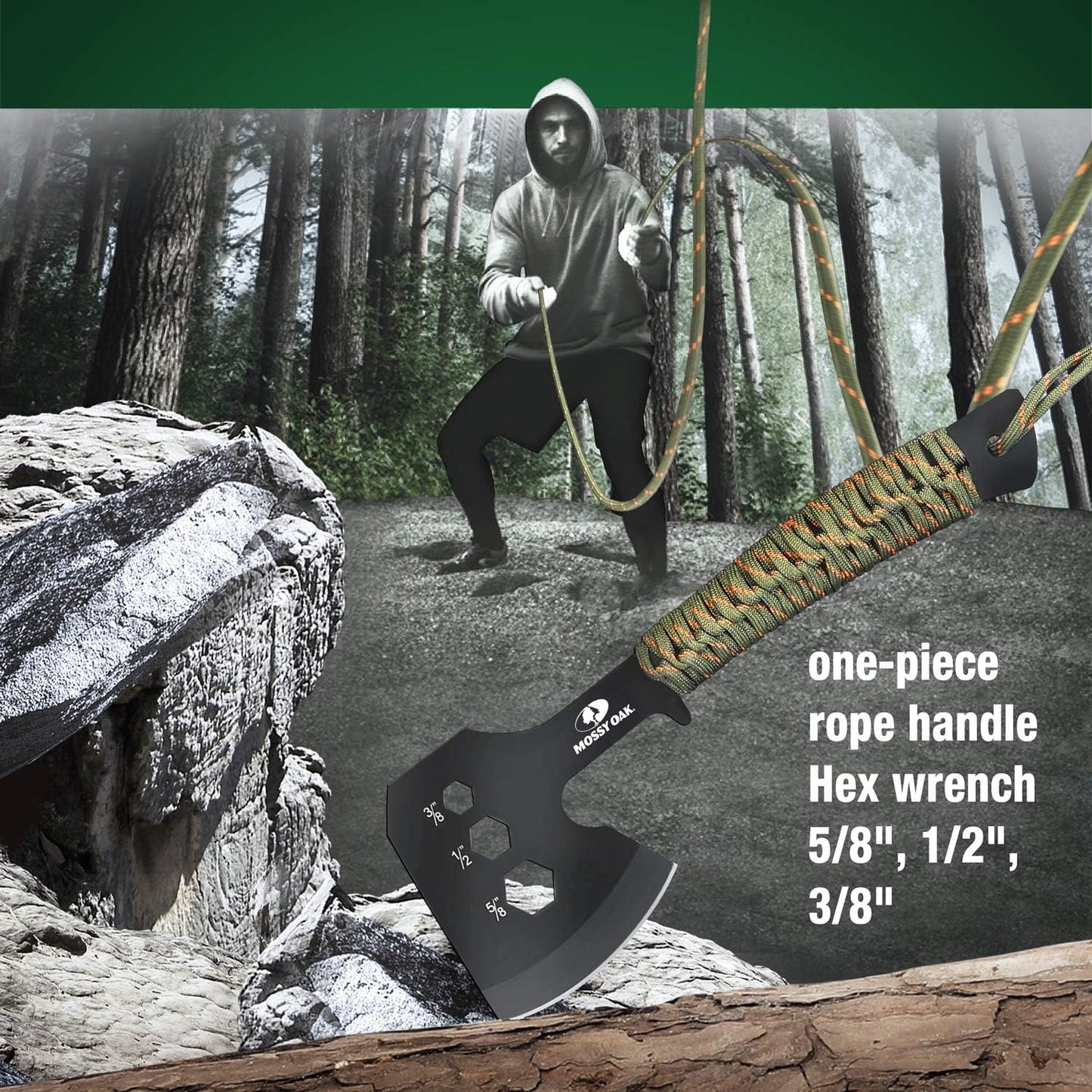 Mossy Oak Axe and Fixed Blade Knife with Sheath, One-Piece Camping Hatchet and Hunting Knife with Rope Handle, Includes Zoomable Tactical Flashlight and Many Other Tools, 15 Pieces Camping Tool Set