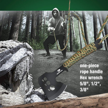 Mossy Oak Axe and Fixed Blade Knife with Sheath, One-Piece Camping Hatchet and Hunting Knife with Rope Handle, Includes Zoomable Tactical Flashlight and Many Other Tools, 15 Pieces Camping Tool Set