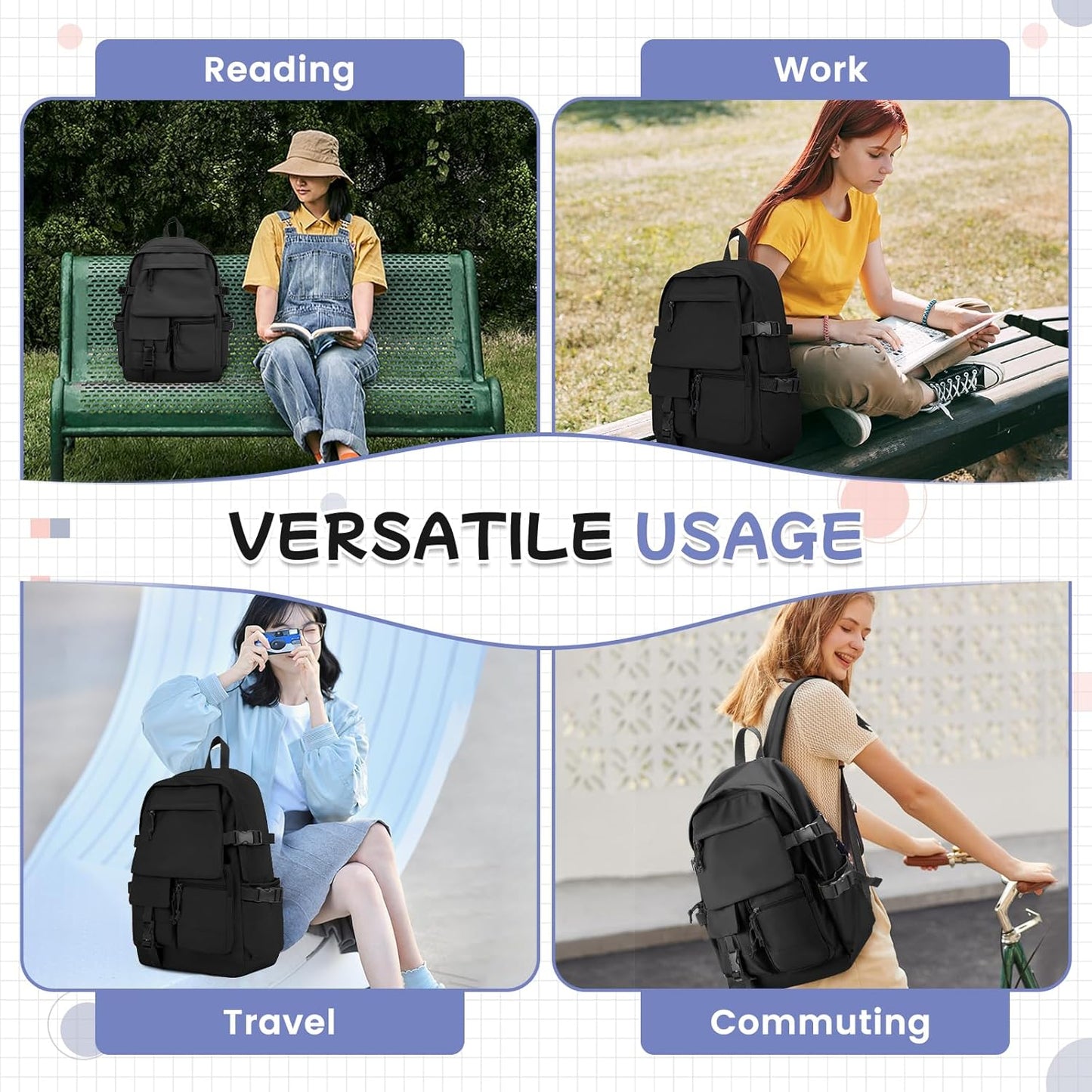 School Backpack for Women Men College High School Bags for Boys Girls Casual Daypack Laptop Backpack Waterproof Black Bookbag Travel Rucksack