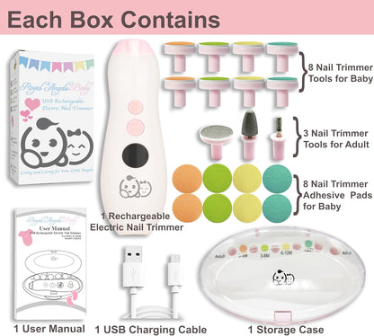 Royal Angels Rechargeable Baby Nail Clippers 20 in 1, Safe Electric Nail Trimmer, Baby Nail Kit, Additional Replacements, Newborn Toddler Toes and Fingernails, Trim and Polish (Rechargeable, Snow)