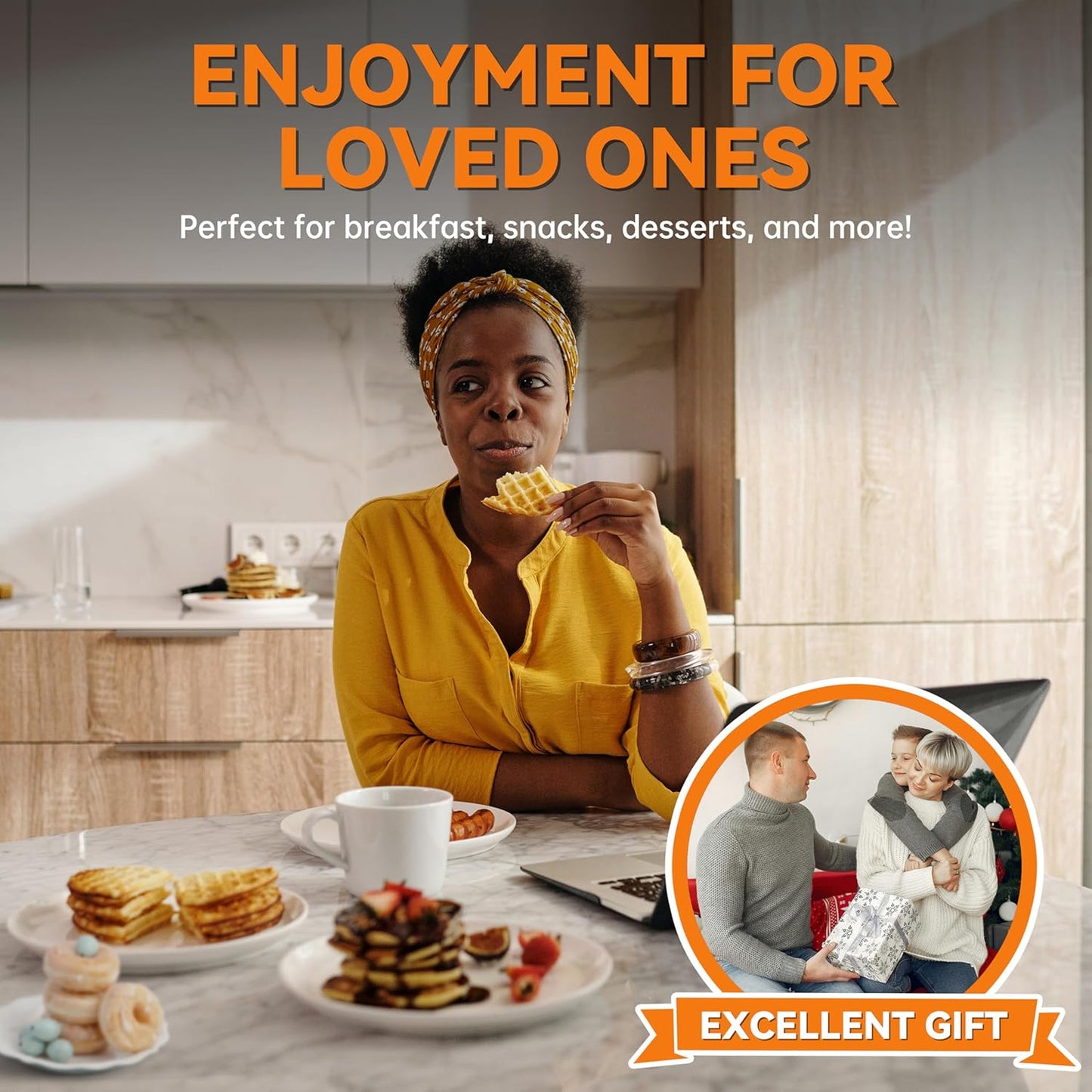 Baker's Friend 4 in 1 Mini Waffle Maker With Removable Plates - Pancake, Donut, Heart Shape and Small Waffle Maker Set - Recipe Included, Graphite