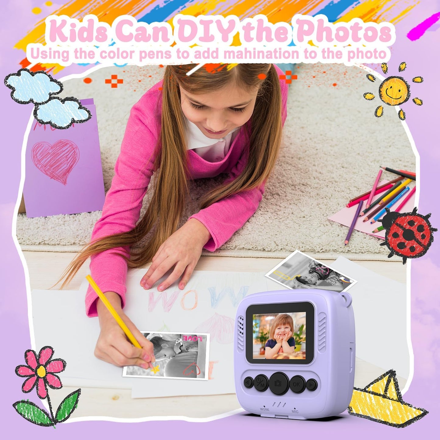 Kids Camera Instant Print, Christmas Birthday Gifts for Kids Age 3-8, 1080P Digital Camera with 32GB Card, Toddler Portable Travel Camera Toys for 4 5 6 7 8 9 10 Year Old Girls Boys Purple