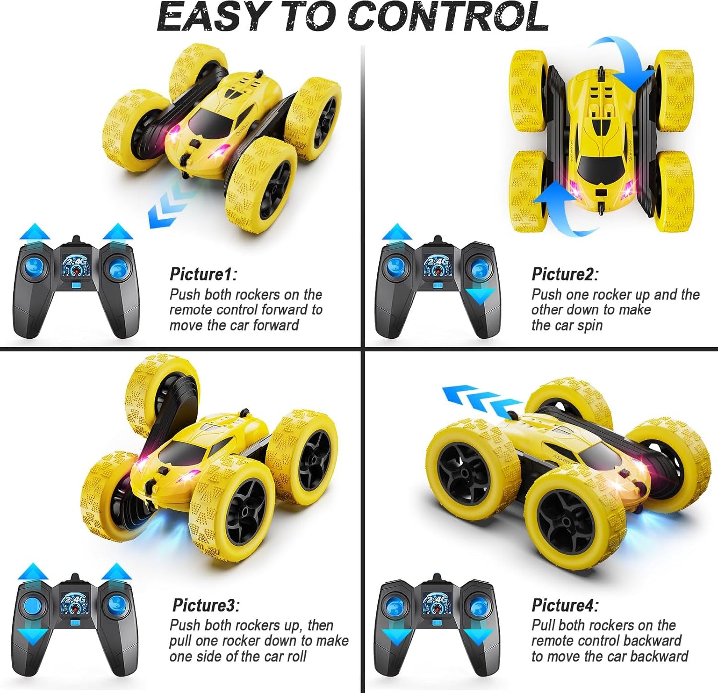 QUNREDA Remote Control Car for Kids Ages 6+, RC Cars Stunt Car Toy 4WD Double Sided 360° Rotating Remote Control with Headlights, Birthday Xmas Gifts for Boys 6 7 8 9 10 11 12 1-Blue