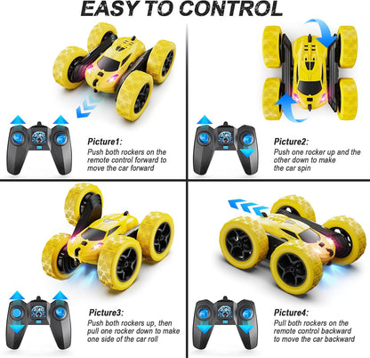 QUNREDA Remote Control Car for Kids Ages 6+, RC Cars Stunt Car Toy 4WD Double Sided 360° Rotating Remote Control with Headlights, Birthday Xmas Gifts for Boys 6 7 8 9 10 11 12 1-Blue