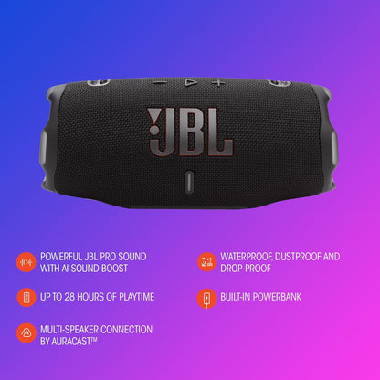 JBL Charge 5 Portable Bluetooth Speaker with Deep Bass, IP67 Waterproof and Dustproof, Up To 20 Hours of Playtime, Built-in Powerbank - Black