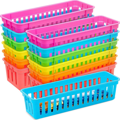Domensi 24 Pcs Slim Plastic Storage Baskets 10.25 x 3.25 x 2.5 Inches Storage Bins White Drawer Organizer Trays Pencil Holder for Desk Pen Baskets Tray Classroom Garage Containers Supplies (White)