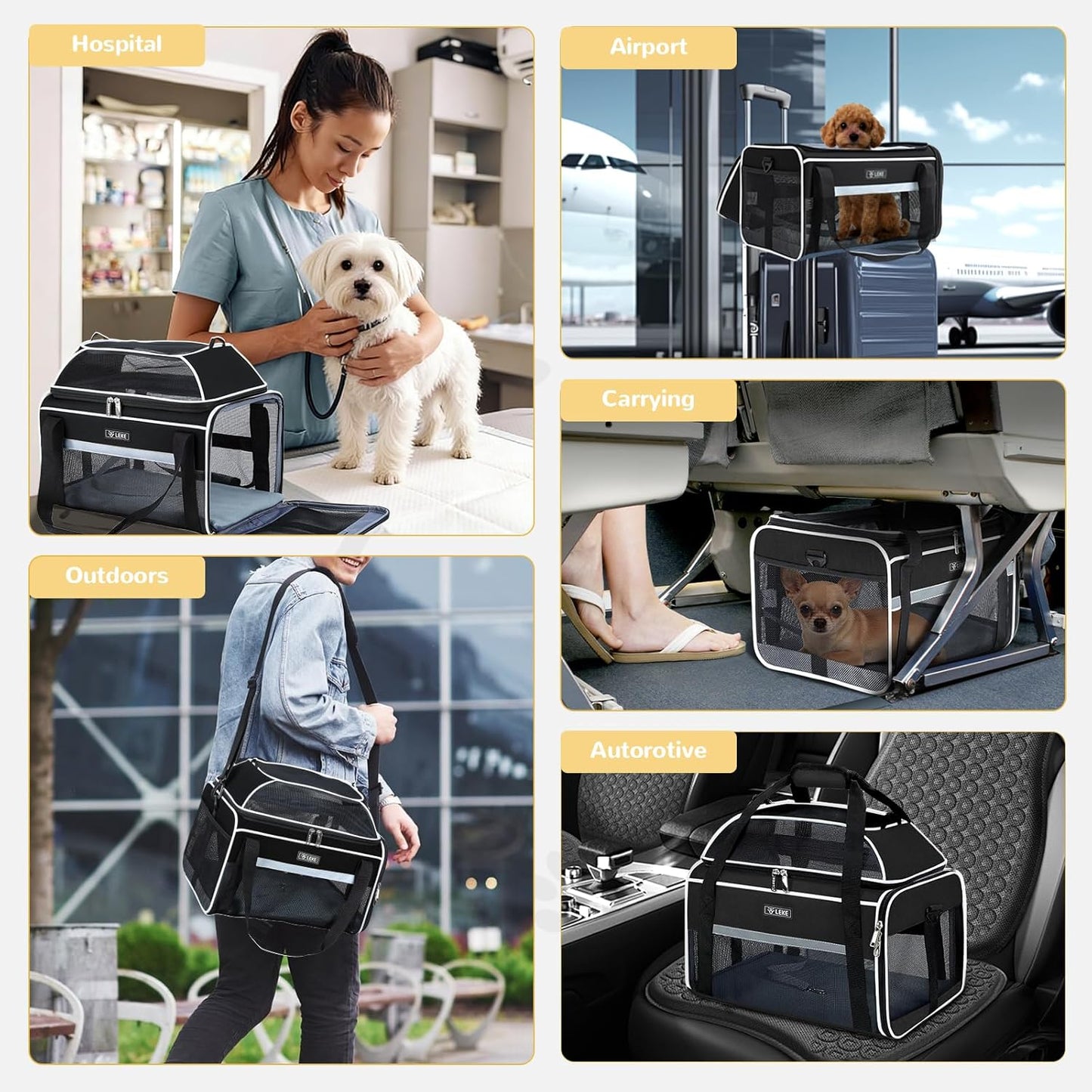 Lekereise Airline Approved Pet Carrier, Top-Expandable and Soft Sided Travel Cat Carrier for Small Cats & Dogs Up to 12lbs, 17x11x9.5 Inch, Black