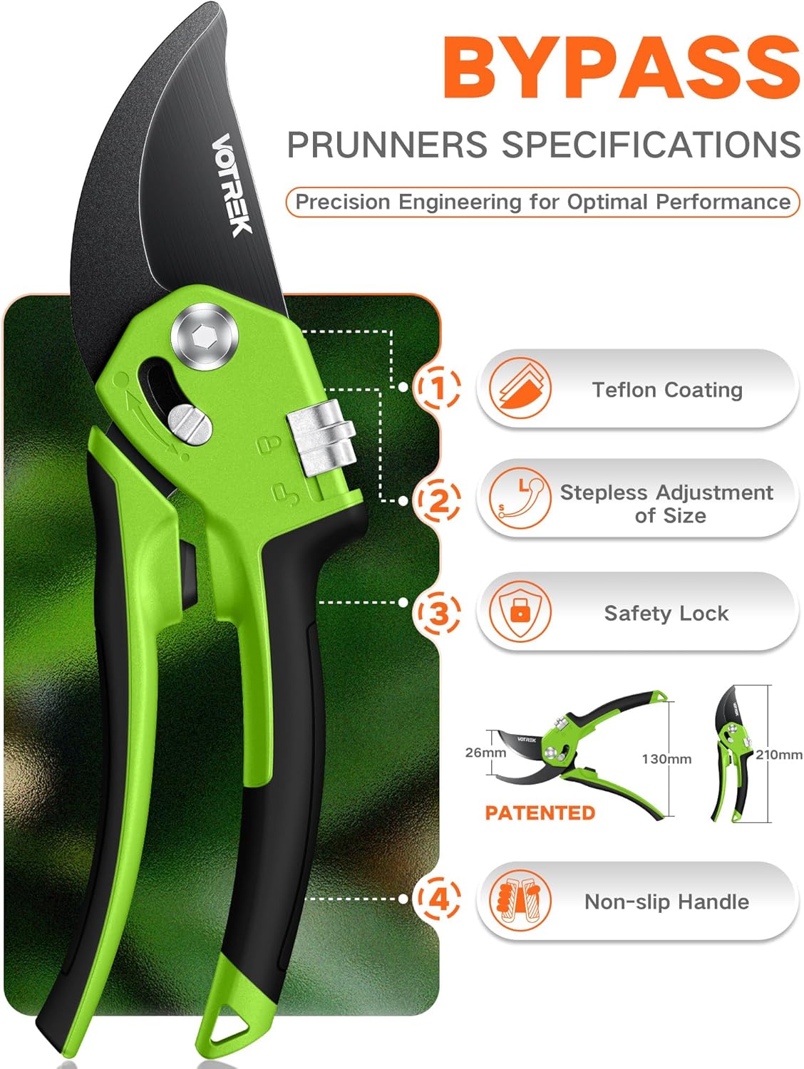VOTREK Pruning Shears - 8.5" Heavy Duty Bypass Pruners for Gardening with Built-in Spring & SK5 Steel Blades - Ergonomic Adjustable Handle for All Hand Sizes, Garden Clipper Plant Scissors for Branch