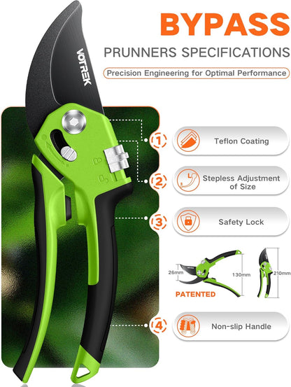 VOTREK Pruning Shears - 8.5" Heavy Duty Bypass Pruners for Gardening with Built-in Spring & SK5 Steel Blades - Ergonomic Adjustable Handle for All Hand Sizes, Garden Clipper Plant Scissors for Branch