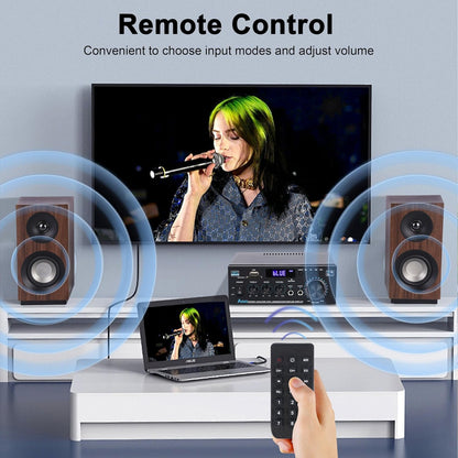 Stereo Receiver Amplifier Home Audio Amp, AK45 Bluetooth Receiver for Home Stereo, 300Wx2, Bluetooth 5.0, 2 Channel Amp with USB/SD/RCA/MIC/FM and Remote for Karaoke Party