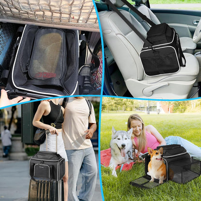 Petskd Top and Side Expandable Pet Carrier 17x12x8.5 Inches JetBlue Frontier Spirit Airline Approved, Soft-Sided Carrier for Small Cats and Dogs with Locking Safety Zipper and Anti-Scratch Mesh(Black)