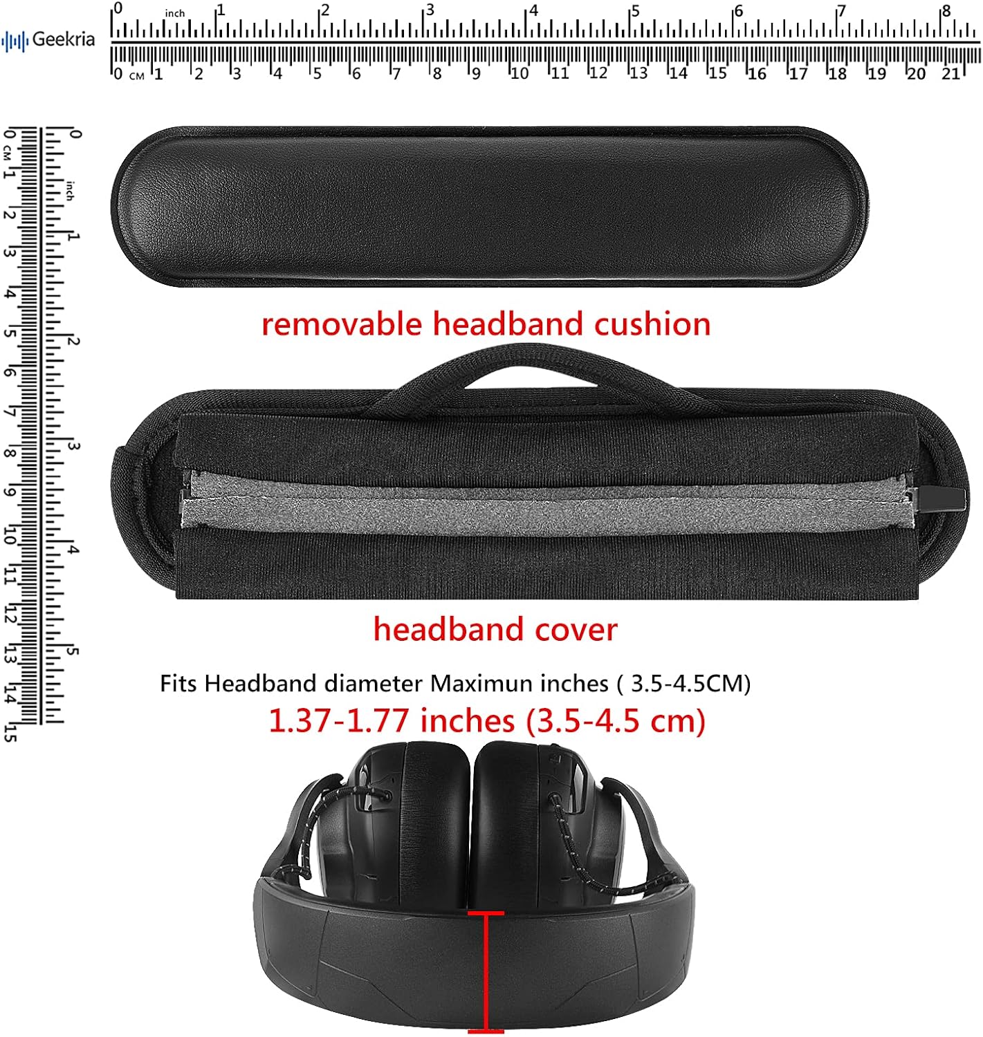 Geekria Hook and Loop Headband Cover + Pad Set, Protector with Zipper Closure Compatible with Medium Sized Headphones, Easy DIY Installation (Protein Leather/Black)